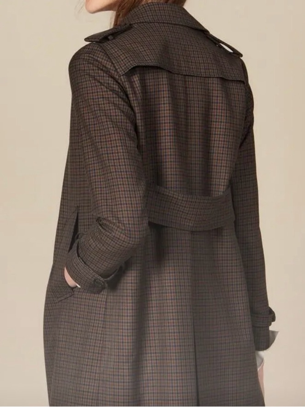 Sandro Brown Check Double-Breasted Trench Coat with Navy Lining - Picture 6 of 6